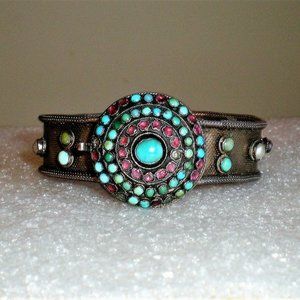 Antique Victorian Belt Buckle Sterling Enamel Ruby Turquoise Pearl Bracelet